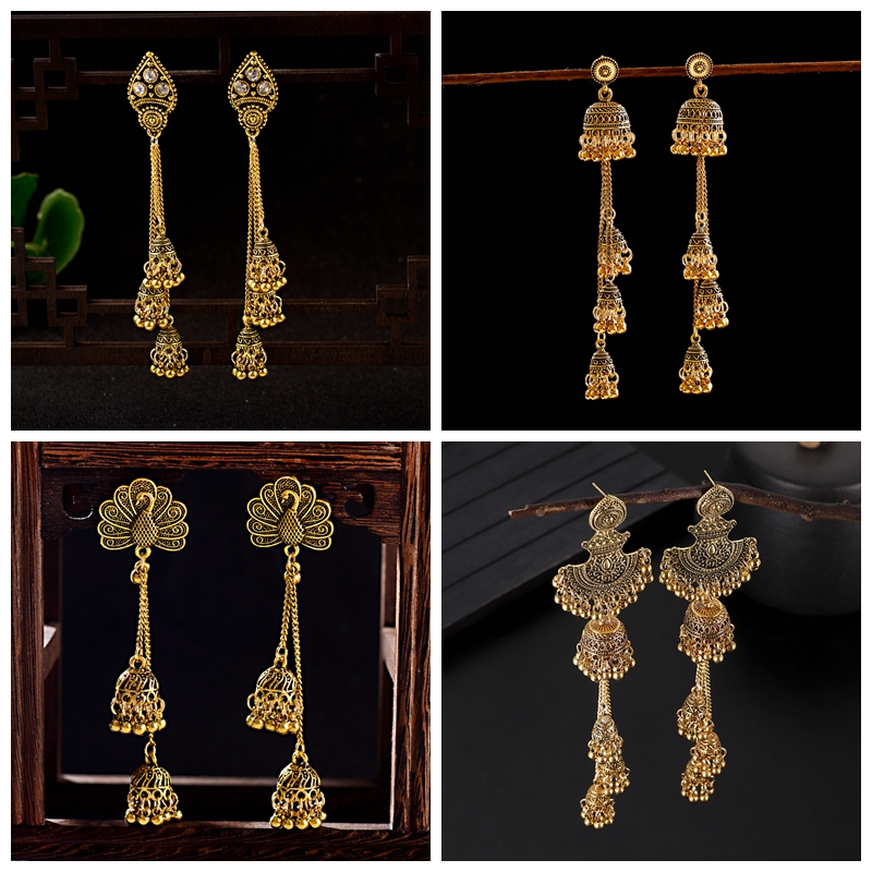 Indian Wedding Supply - Новые золотистые серьги-джумки с кисточками и